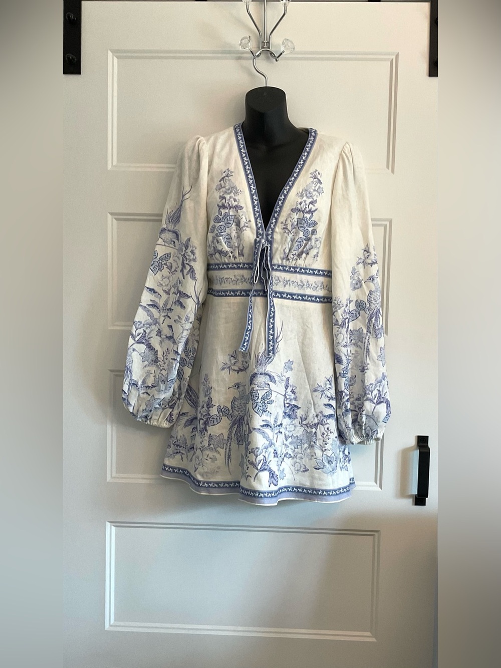 Caroline Constas White Mini Dress with Blue Floral Embroidery